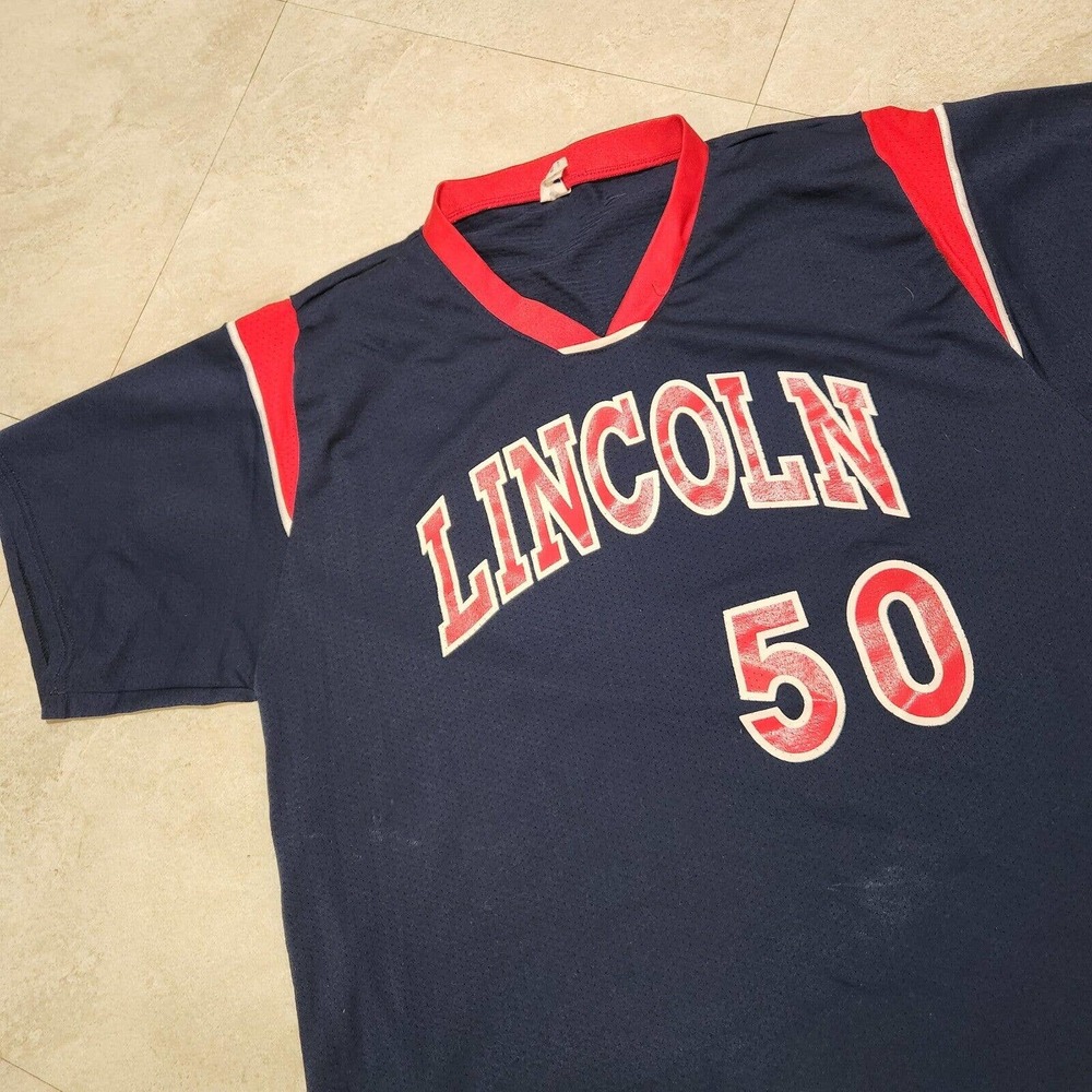 VTG Lincoln University Mens L‎ Large USA Made Sports Belle Navy Blue Red Jersey